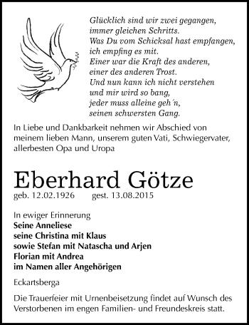 Traueranzeige von Eberhard Götze von Mitteldeutsche Zeitung Naumburg/Nebra