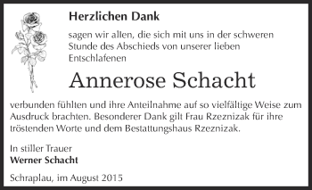 Traueranzeige von Annerose Schacht von Super Sonntag SGH Mansf. Land