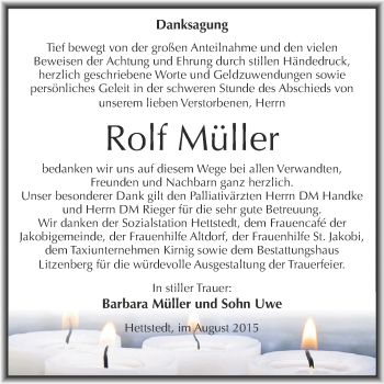 Traueranzeige von Rolf Müller von Wochenspiegel Mansfelder Land