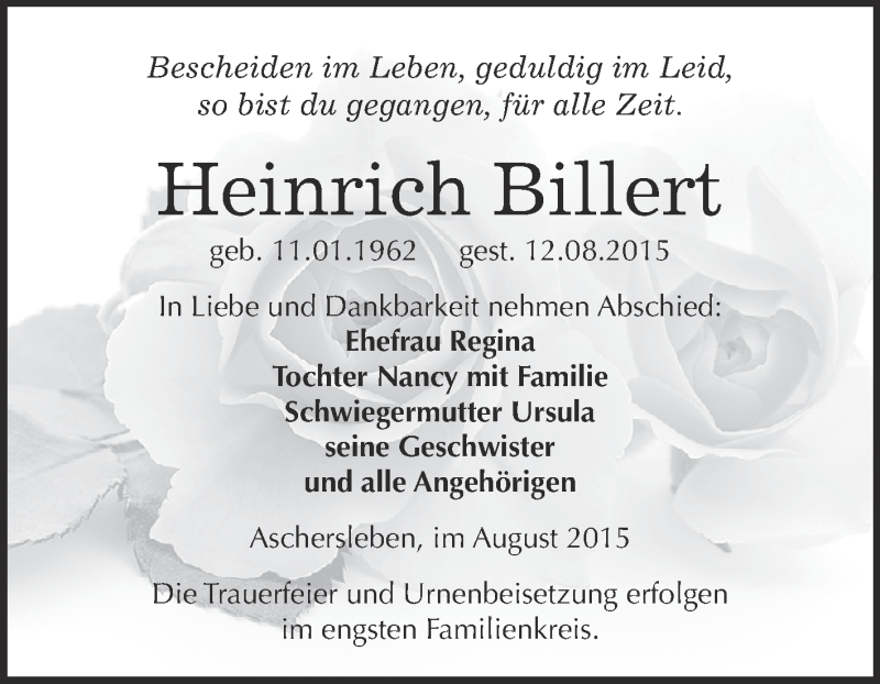  Traueranzeige für Heinrich Billert vom 19.08.2015 aus Super Sonntag Aschersleben