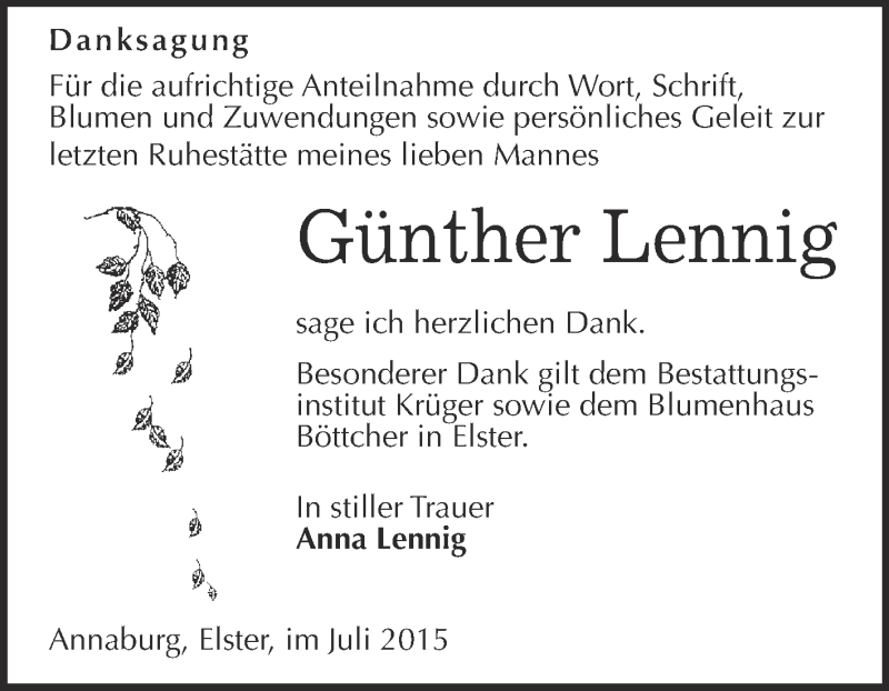  Traueranzeige für Günther Lennig vom 01.08.2015 aus WVG - Wochenspiegel Wittenberg