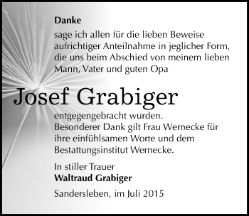 Traueranzeige von Josef Grabiger von Mitteldeutsche Zeitung Mansfelder Land