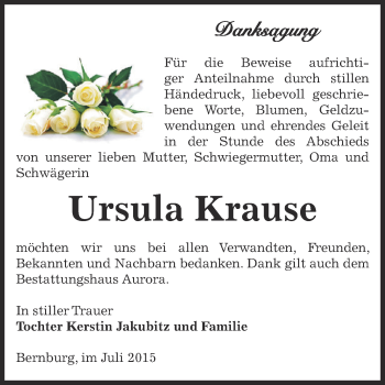 Traueranzeige von Ursula Krause von Super Sonntag Bernburg