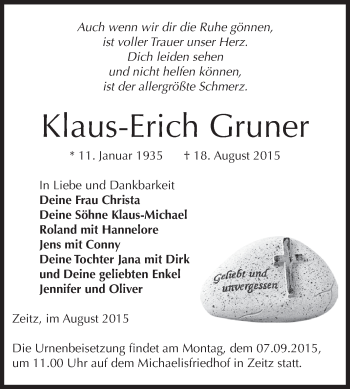 Traueranzeige von Klaus-Erich Gruner von Super Sonntag Zeitz