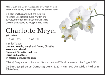 Traueranzeige von Charlotte Meyer von Mitteldeutsche Zeitung Sangerhausen