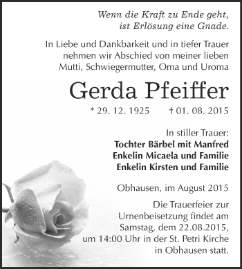 Traueranzeige von Gerda Pfeiffer von WVG - Wochenspiegel NMB / WSF / ZTZ
