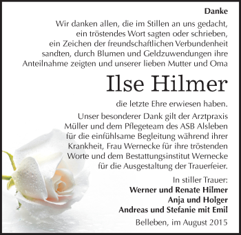 Traueranzeige von Ilse Hilmer von Mitteldeutsche Zeitung Bernburg