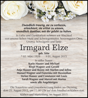 Traueranzeige von Irmgard Elze von WVG - Wochenspiegel Dessau / Köthen