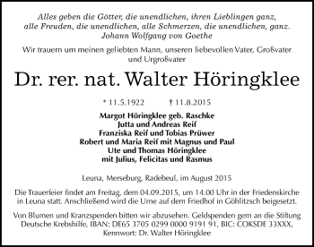 Traueranzeige von Walter Höringklee von Mitteldeutsche Zeitung Merseburg/Querfurt