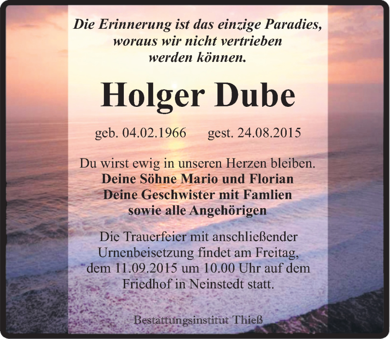  Traueranzeige für Holger Dube vom 29.08.2015 aus Mitteldeutsche Zeitung Quedlinburg