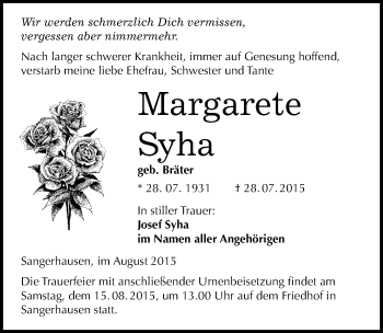 Traueranzeige von Margarete Syha von Mitteldeutsche Zeitung Sangerhausen