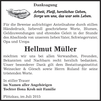 Traueranzeige von Hellmut Müller von Super Sonntag Bernburg
