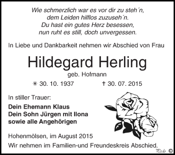 Traueranzeige von Hildegard Herling von WVG - Wochenspiegel NMB / WSF / ZTZ