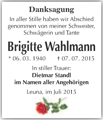 Traueranzeige von Brigitte Wahlmann von WVG - Wochenspiegel Merseburg