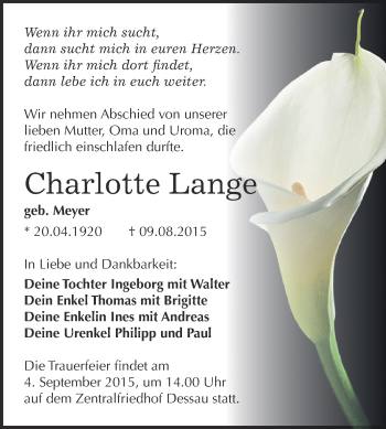 Traueranzeige von Charlotte Lange von WVG - Wochenspiegel Dessau / Köthen