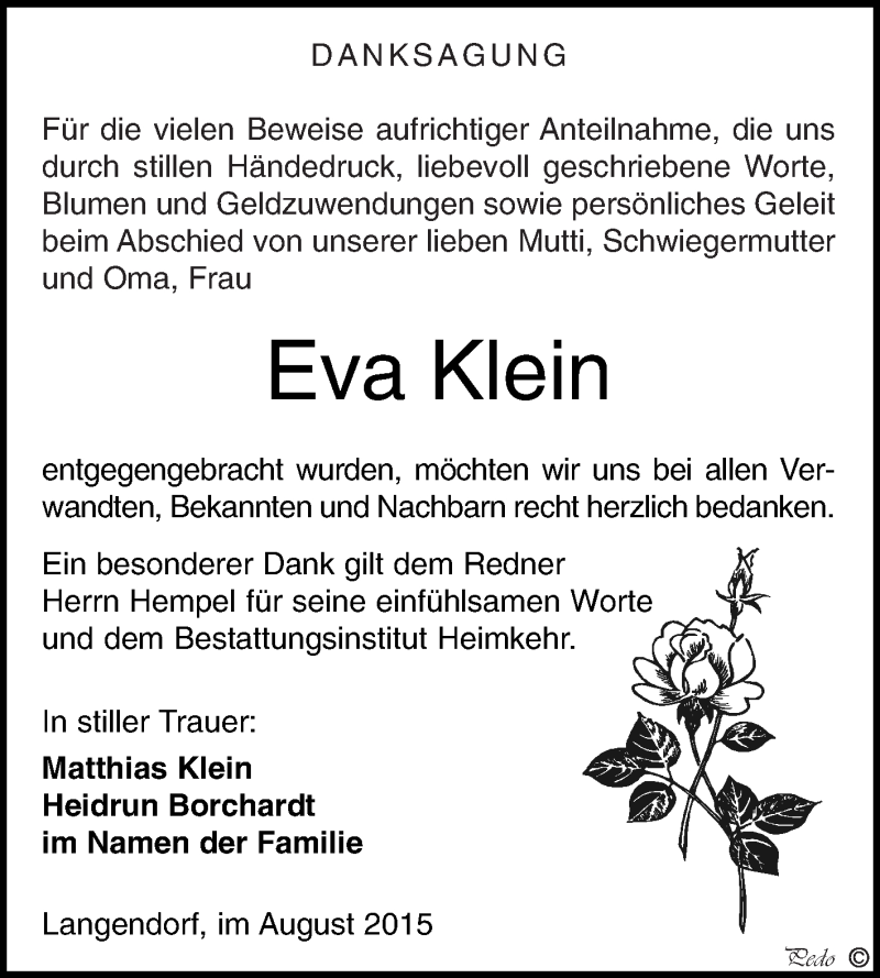  Traueranzeige für Eva Klein vom 05.08.2015 aus WVG - Wochenspiegel NMB / WSF / ZTZ