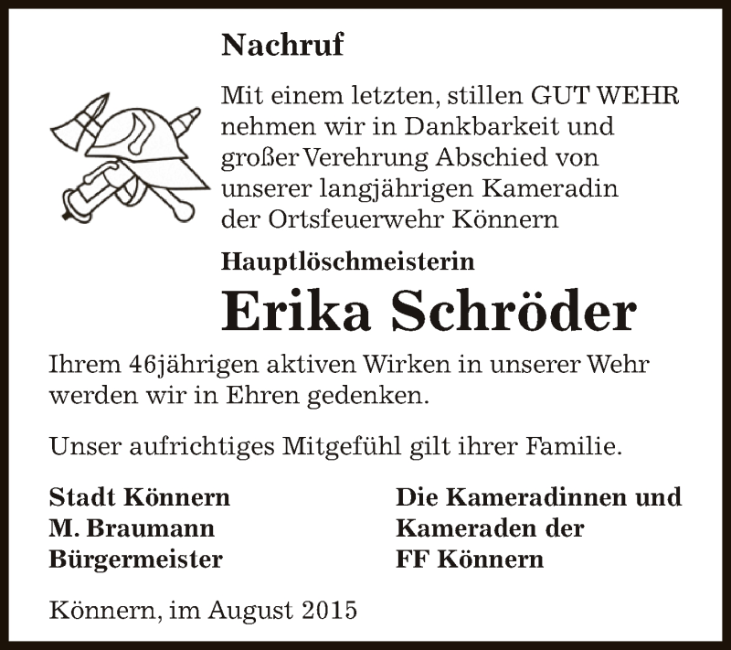  Traueranzeige für Erika Schröder vom 08.08.2015 aus Super Sonntag Bernburg