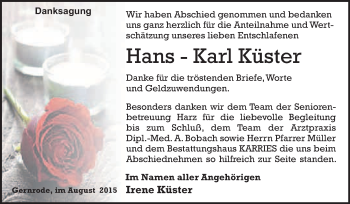Traueranzeige von Hans-Karl Küster von WVG - Wochenspiegel Quedlinburg