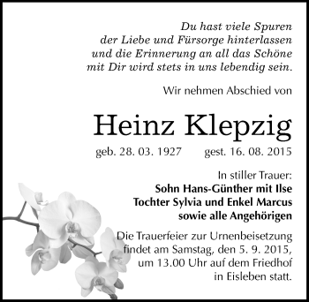 Traueranzeige von Heinz Klepzig von Mitteldeutsche Zeitung Mansfelder Land
