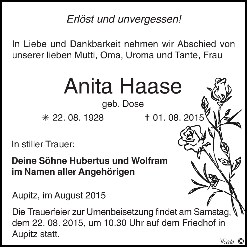  Traueranzeige für Anita Haase vom 12.08.2015 aus WVG - Wochenspiegel NMB / WSF / ZTZ