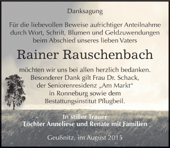 Traueranzeige von Rainer Rauschenbach von Mitteldeutsche Zeitung Zeitz
