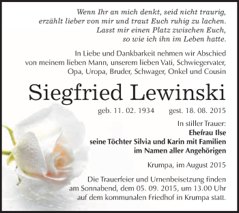 Traueranzeige von Siegfried Lewinski von WVG - Wochenspiegel Merseburg