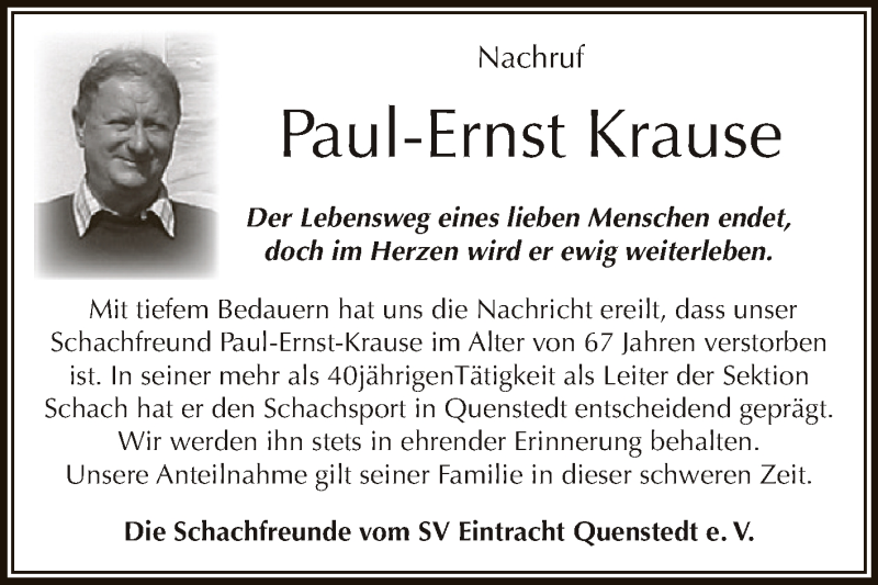  Traueranzeige für Paul-Ernst Krause vom 05.08.2015 aus Wochenspiegel Mansfelder Land