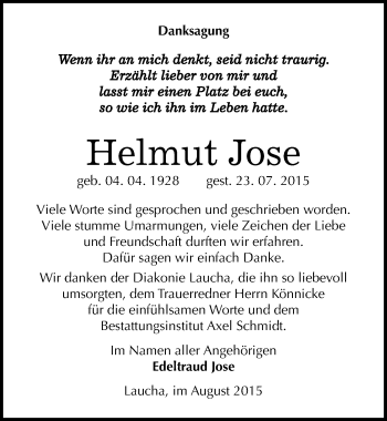Traueranzeige von Helmut Jose von Mitteldeutsche Zeitung Naumburg/Nebra