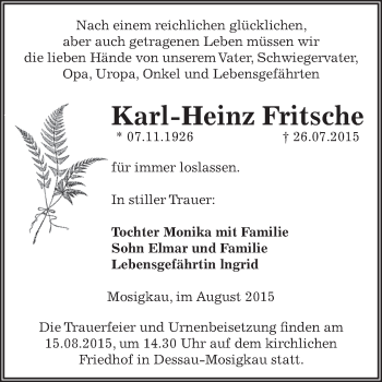 Traueranzeige von Karl-Heinz Fritsche von WVG - Wochenspiegel Dessau / Köthen