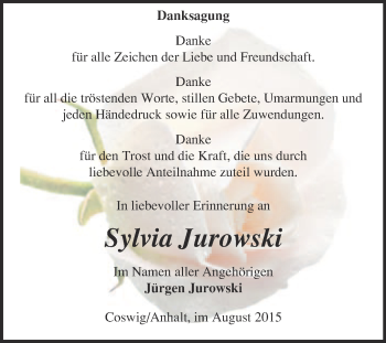 Traueranzeige von Sylvia Jurowski von Super Sonntag Wittenberg