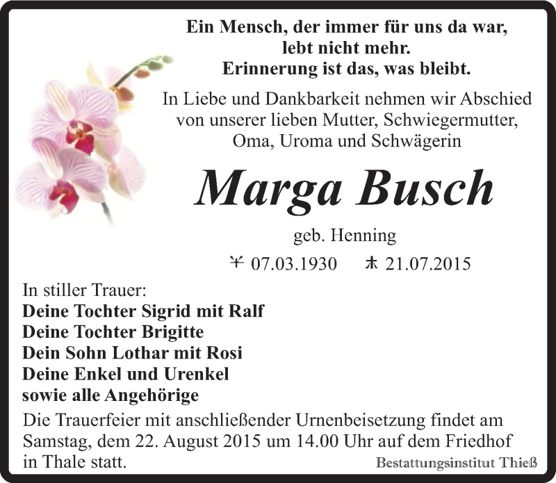  Traueranzeige für Marga Busch vom 08.08.2015 aus Mitteldeutsche Zeitung Quedlinburg