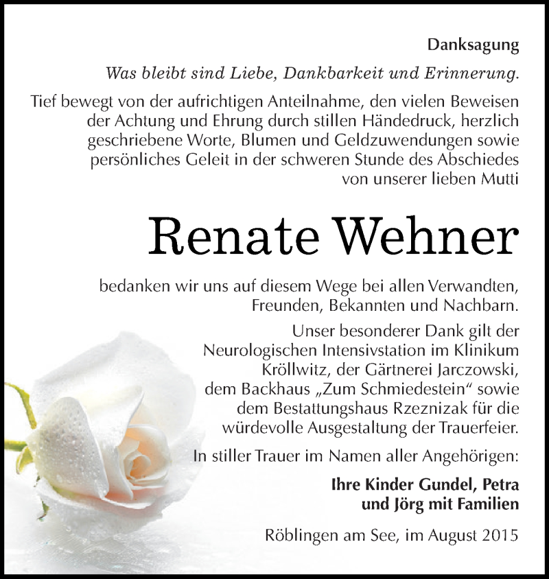  Traueranzeige für Renate Wehner vom 08.08.2015 aus Super Sonntag SGH Mansf. Land