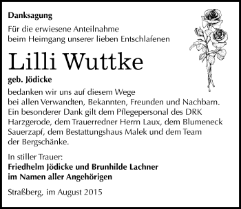 Traueranzeige von Lilli Wuttke von Mitteldeutsche Zeitung Sangerhausen