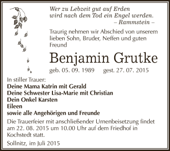 Traueranzeige von Benjamin Grutke von WVG - Wochenspiegel Dessau / Köthen