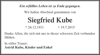 Traueranzeige von Siegfried Kube von Super Sonntag Wittenberg
