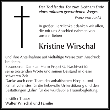 Traueranzeige von Kristine Wirschal von WVG - Wochenspiegel Dessau / Köthen