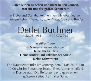 Traueranzeige von Detlef Buchner von WVG - Wochenspiegel Dessau / Köthen