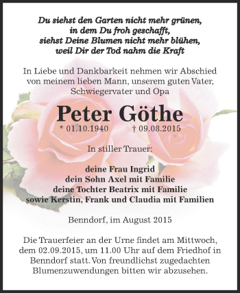 Traueranzeige von Peter Göthe von Super Sonntag SGH Mansf. Land