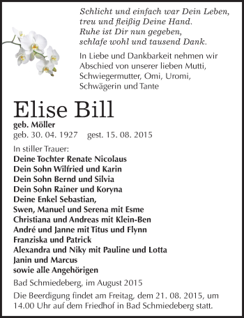 Traueranzeige von Elise Bill von Mitteldeutsche Zeitung Wittenberg
