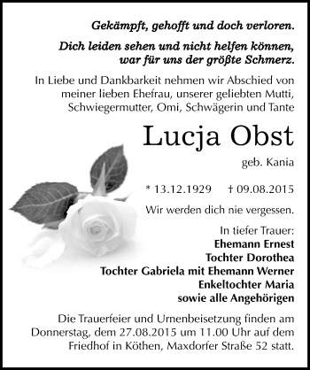 Traueranzeige von Lucja Obst von Mitteldeutsche Zeitung Köthen