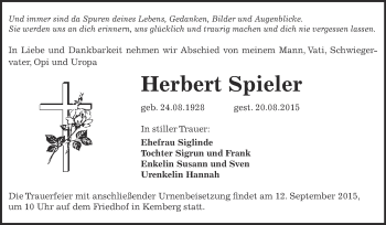 Traueranzeige von Herbert Spieler von Super Sonntag Wittenberg