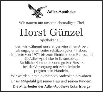 Traueranzeige von Horst Günzel von WVG - Wochenspiegel NMB / WSF / ZTZ
