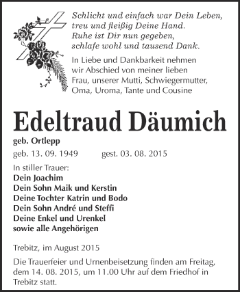 Traueranzeige von Edeltraud Däumich von WVG - Wochenspiegel Wittenberg
