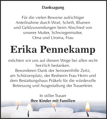 Traueranzeige von Erika Pennekamp von Super Sonntag Zeitz