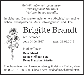 Traueranzeige von Brigitte Brandt von Super Sonntag Merseburg