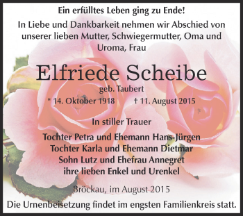 Traueranzeige von Elfriede Scheibe von Super Sonntag Zeitz