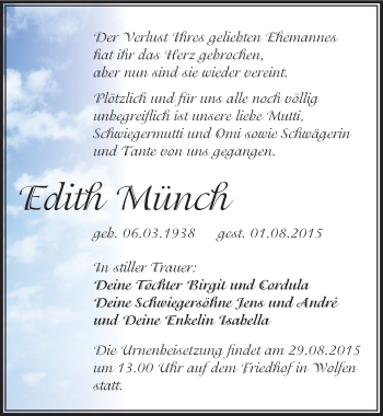 Traueranzeige von Edith Münch von Mitteldeutsche Zeitung Bitterfeld