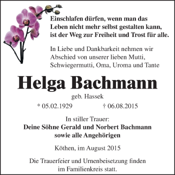 Traueranzeige von Helga Bachmann von WVG - Wochenspiegel Dessau / Köthen