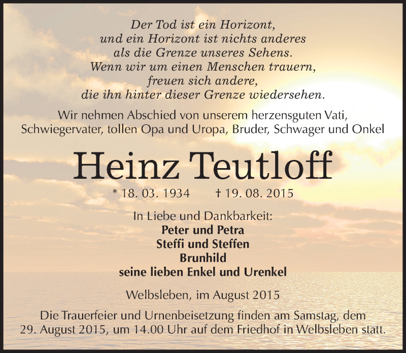  Traueranzeige für Heinz Teutloff vom 22.08.2015 aus Mitteldeutsche Zeitung Mansfelder Land
