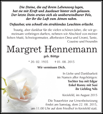 Traueranzeige von Margret Hennemann von Wochenspiegel Mansfelder Land